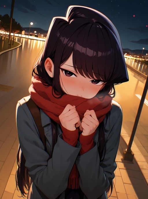 Anime illustration of Komi Shouko standing on a lit path at night, holding her red scarf close to her face with a blushing expression.