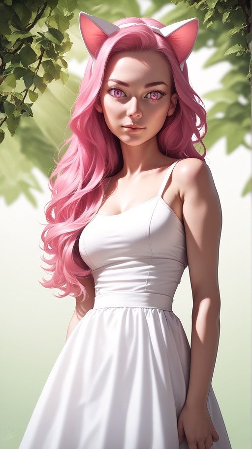 A young woman with long pink hair and cat ears wearing a white dress stands in sunlight under trees.