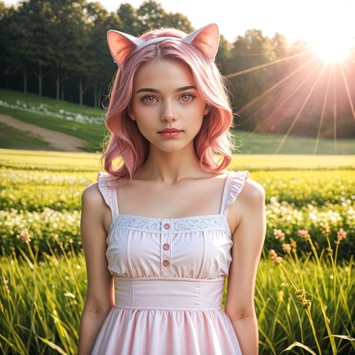 A young woman with wavy pink hair and cat ears stands in a grassy field wearing a light-colored dress, looking at the viewer as sunlight flares behind her.