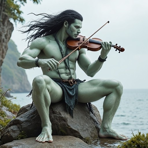 A muscular green-skinned male with long black hair sits on a rock playing the violin near the water.