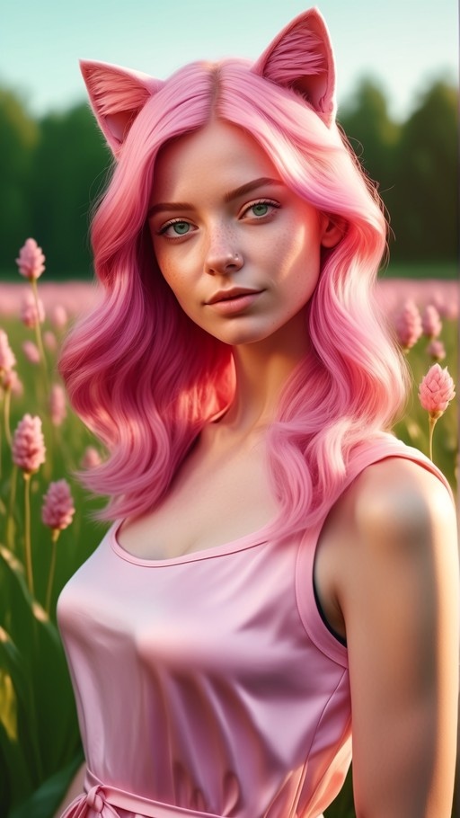 A realistic portrait of a young woman with long wavy pink hair and cat ears standing in a field of pink flowers.