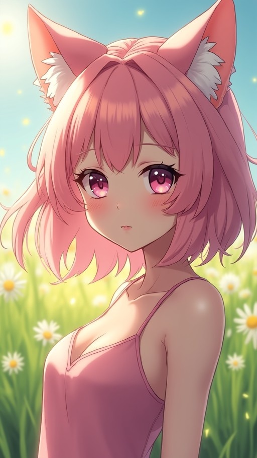 A pink-haired anime girl with large animal ears stands in a sunny field of white daisies, wearing a pink camisole and looking at the viewer with a blushing expression.