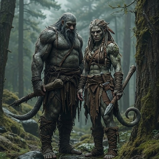Two muscular grey-skinned giants with long hair and tails standing in a misty forest holding primitive weapons.