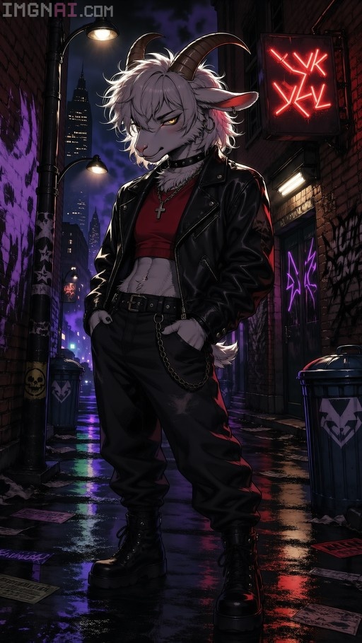 Full-body illustration of a white-furred anthropomorphic goat boy with curved horns and yellow eyes standing in a wet city alley at night, wearing a black leather jacket and red crop top.
