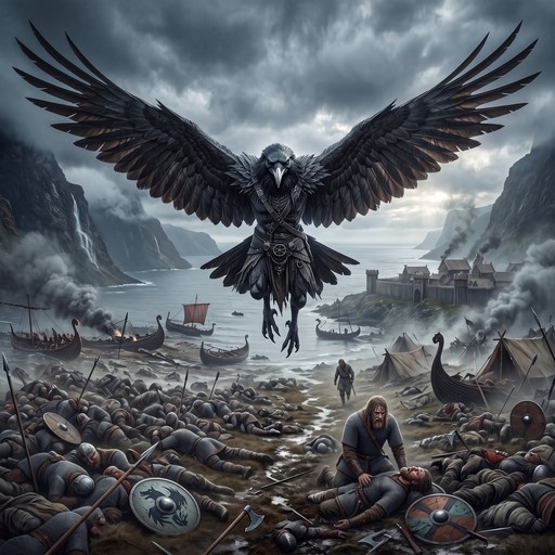 A giant armored raven hovers over a beach covered in dead soldiers and shields, with Viking ships and smoke in the background.