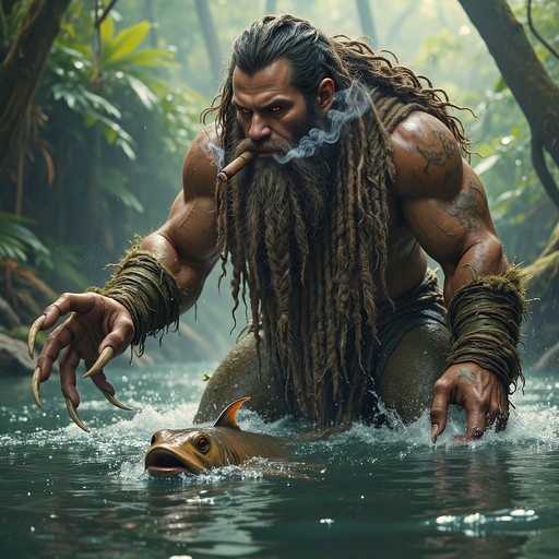 A muscular man with a long beard and dreadlocks smoking a cigar reaches for a fish in a jungle river.