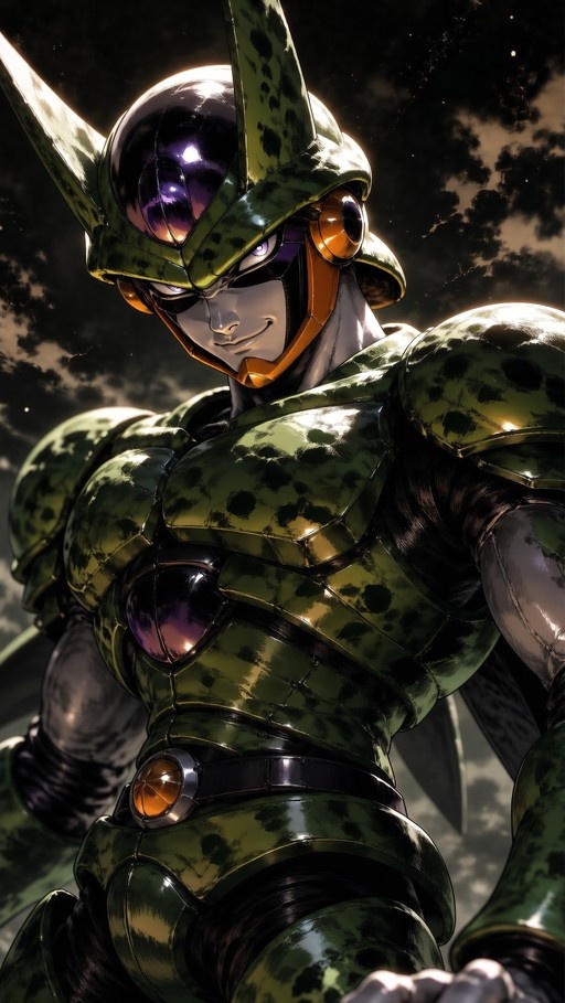 A digital illustration of the Dragon Ball Z character Cell wearing green armored plating with black spots and a helmet, looking down at the viewer with a smirk against a dark cloudy sky.