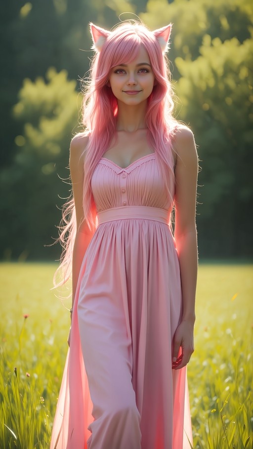 A photorealistic image of a young woman with long pink hair and cat ears standing in a grassy field wearing a pink sundress.