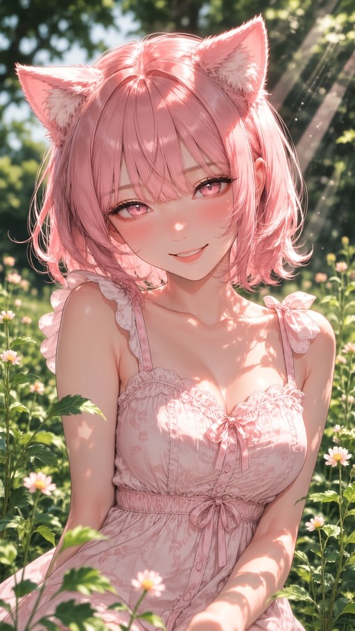 An anime-style portrait of a smiling girl with pink hair and cat ears wearing a light pink ruffled dress in a sunny flower garden.