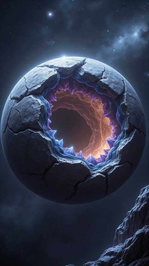 A large rocky sphere floats in a starry sky, its surface fractured to reveal a glowing orange interior lined with jagged purple spikes.