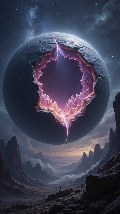 A large cracked sphere with a glowing purple interior hangs in the sky above a misty mountain range where a tiny figure stands on a rock.