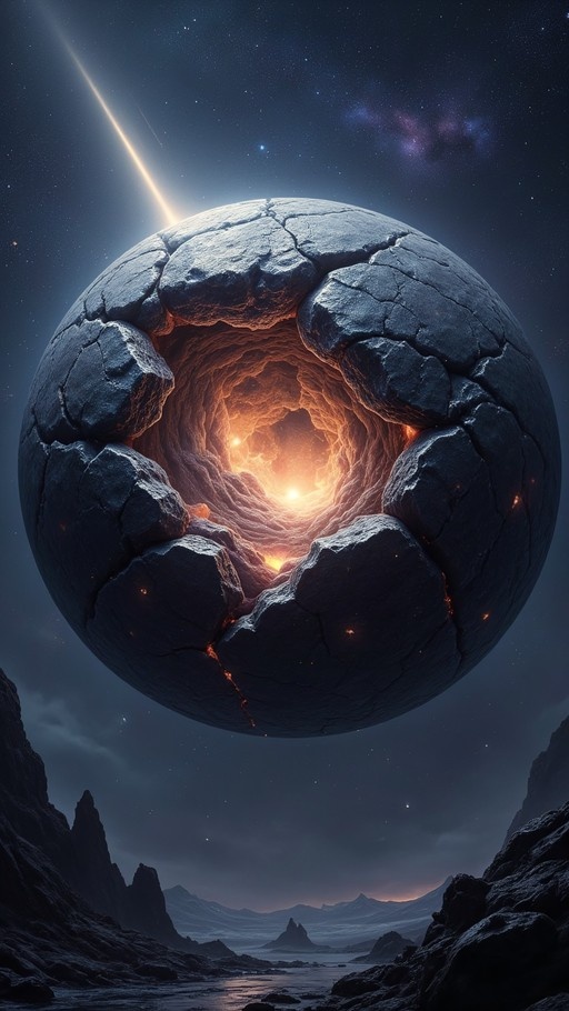 A large cracked stone sphere floats in a starry sky with a glowing orange interior, hovering above a dark mountainous landscape with a comet streaking overhead.