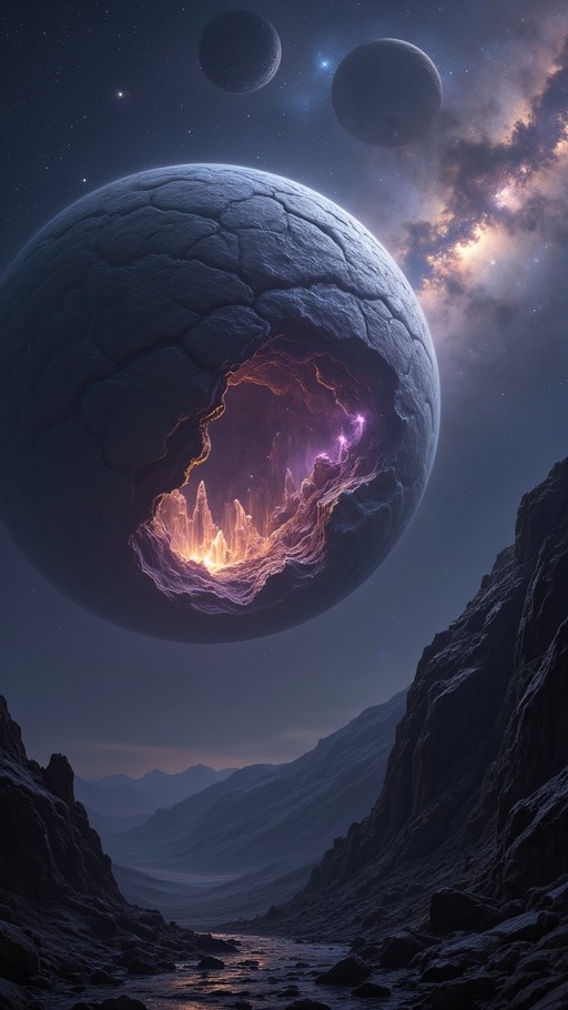 A large cracked planet with a glowing interior floats above a dark, rocky alien landscape under a starry sky with other moons and nebulae.