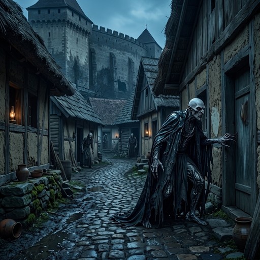 A pale, bald figure in a tattered black cloak reaches for a door on a cobblestone street in a medieval village, with other ghostly figures and a large stone castle visible in the background under a blue sky.