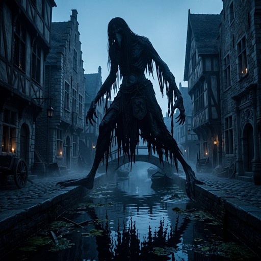 A tall shadowy figure with long limbs stands over a canal in a medieval town at twilight.