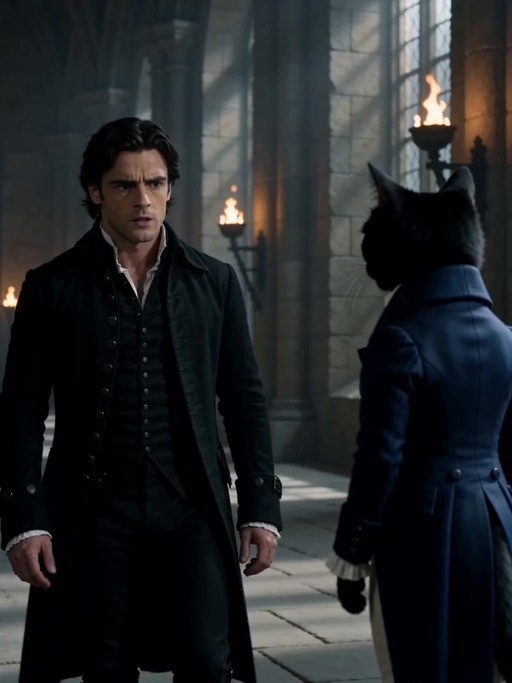 A realistic black cat with a white bowtie stands indoors under warm candlelight while Jon Snow from Game of Thrones asks it about crypto cookies.
