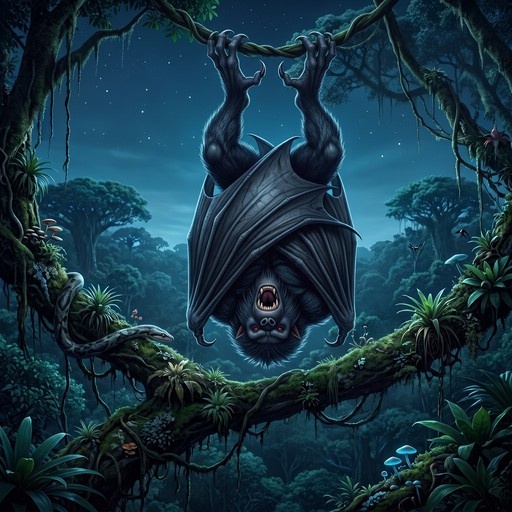 A Sasabonsam with bat wings and red eyes hangs upside down from a jungle branch at night.