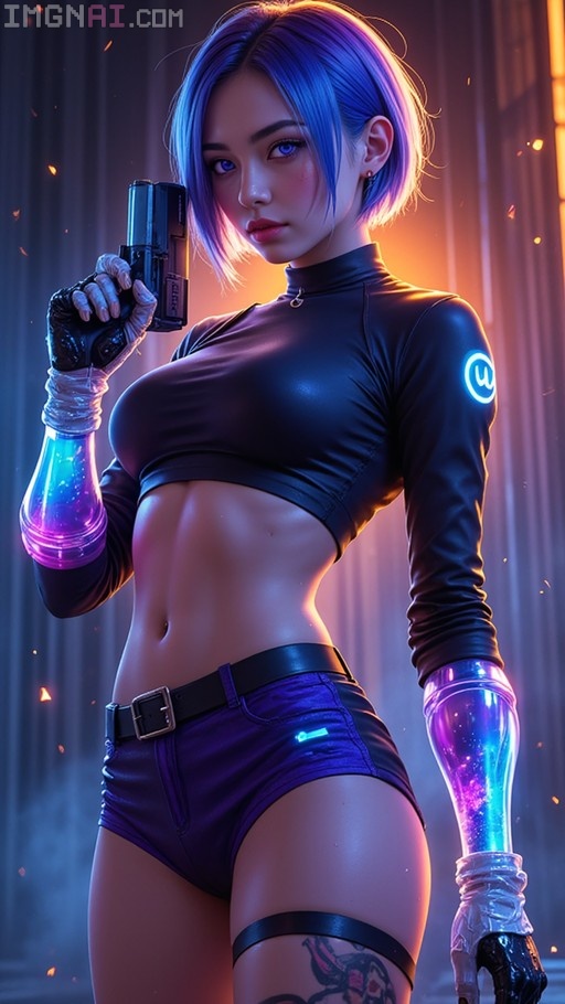 A cyberpunk-style digital illustration of a woman with short blue and purple gradient hair and heterochromia eyes. She wears a black crop top and purple shorts, featuring transparent prosthetic arms filled with colorful liquid. She holds a futuristic handgun in her right hand against a dark neon-lit