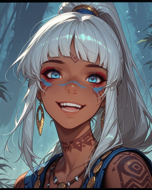 A smiling dark-skinned girl with white hair, blue face paint, and a tooth necklace.