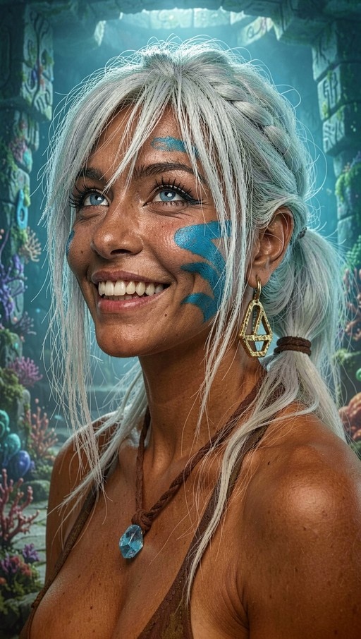 A close-up of a smiling dark-skinned woman with long white hair and blue tribal face paint standing underwater near colorful coral reefs.