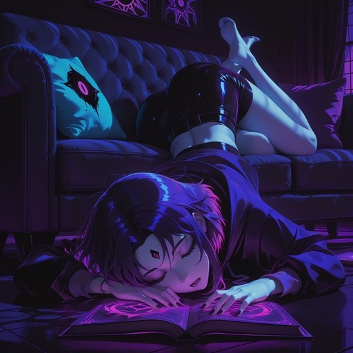 Raven from DC Comics lying face down on the floor with her head resting on an open glowing book, purple hair and third eye visible, in front of a leather couch.