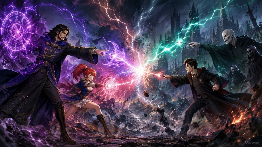 A digital painting showing a magical battle at Hogwarts where Harry Potter and Voldemort cast spells against a bearded wizard and a red-haired girl.