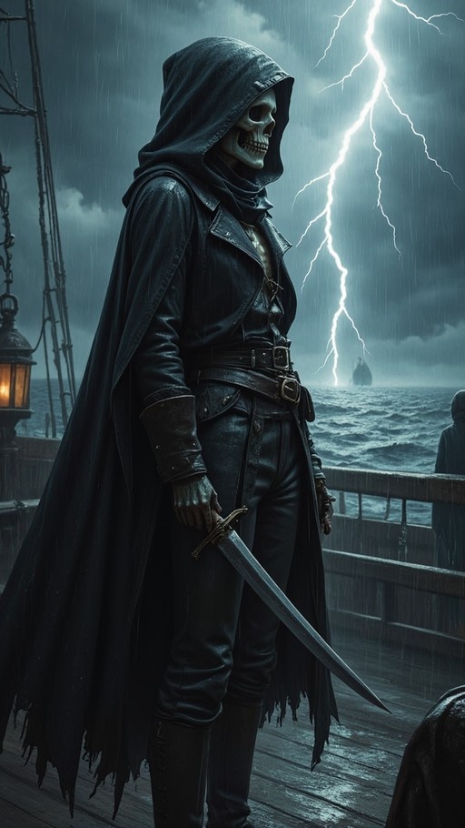 A skeletal figure in a black hooded cloak and leather armor stands on a wooden ship deck holding a sword while lightning strikes over the stormy ocean.
