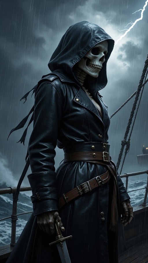 A skeletal figure in a black leather hooded coat stands on the deck of a ship holding a sword amidst heavy rain and lightning.