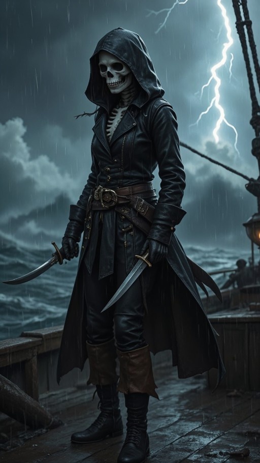 A skeletal pirate in a black hooded coat stands on a ship deck holding two swords while lightning strikes over the ocean.
