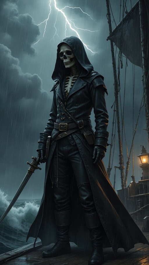 A skeletal figure in a black hooded coat and leather gloves stands on a wooden ship deck holding a sword as lightning flashes over the stormy sea.