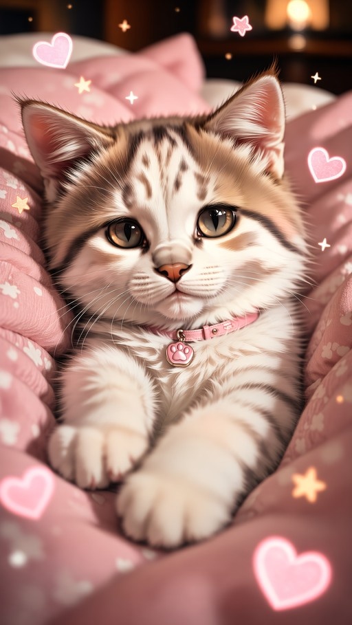 A fluffy white and brown kitten wearing a pink collar with a heart tag, lying in pink blankets surrounded by glowing hearts and stars.