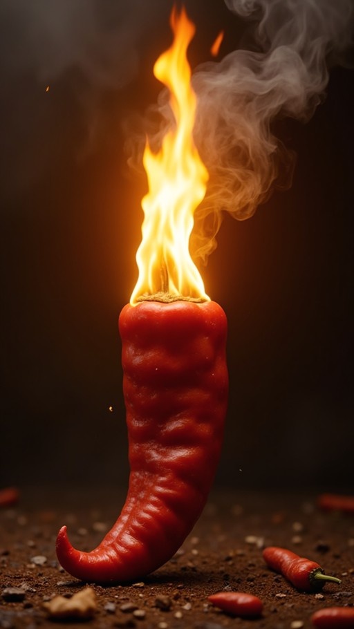 A large red chili pepper stands upright on dark soil, engulfed in bright orange flames at its top stem with smoke rising against a black background.