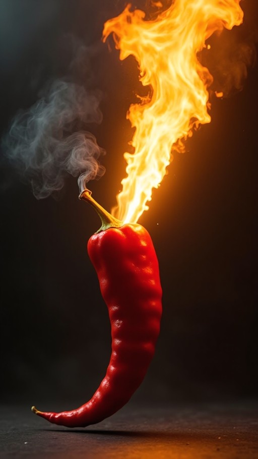 A bright red chili pepper is engulfed in large orange flames against a dark background, with smoke rising from the stem.