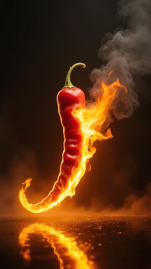 A red chili pepper is engulfed in bright orange flames with smoke rising, casting a fiery reflection on the dark surface below.