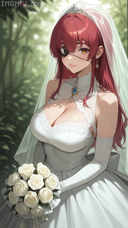 Houshou Marine in a white wedding dress holding a bouquet of white roses.