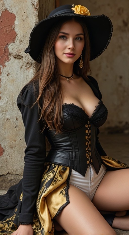 A young woman with long brown hair kneels against a textured wall, wearing a black wide-brimmed hat with a yellow rose, a black corset top, and white bottoms.