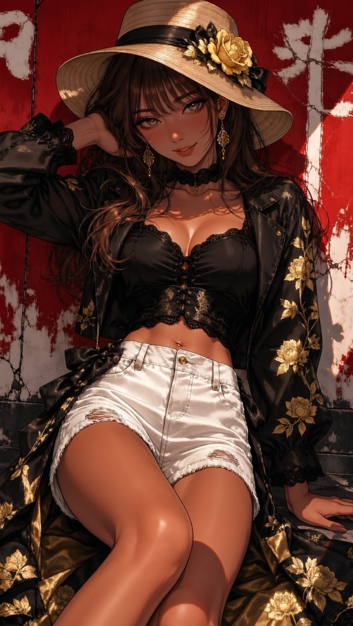 An anime-style illustration of a tan-skinned woman with long brown hair sitting against a red and white wall. She wears a wide-brimmed straw hat adorned with yellow roses, a black jacket with gold floral embroidery over a black lace corset top, and white denim shorts.