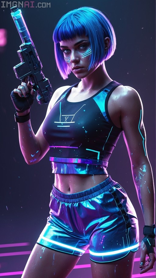 A hyper-realistic digital illustration of a cyberpunk warrior with short blue and purple hair holding a futuristic gun, wearing a black crop top and shiny metallic shorts under neon lighting.
