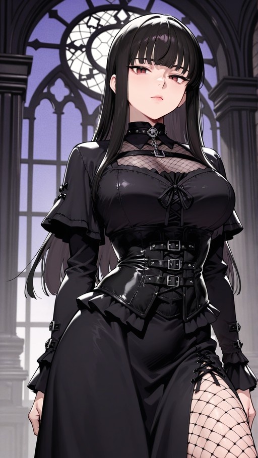 Anime-style woman with long black hair and red eyes wearing a black corset, dress, and fishnet stockings standing before a gothic arched window.