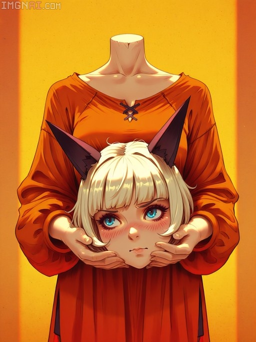 A headless Ms. Fortune from Skullgirls in an orange dress holds her own detached blonde head with large black cat ears in her hands while blushing against a yellow background.
