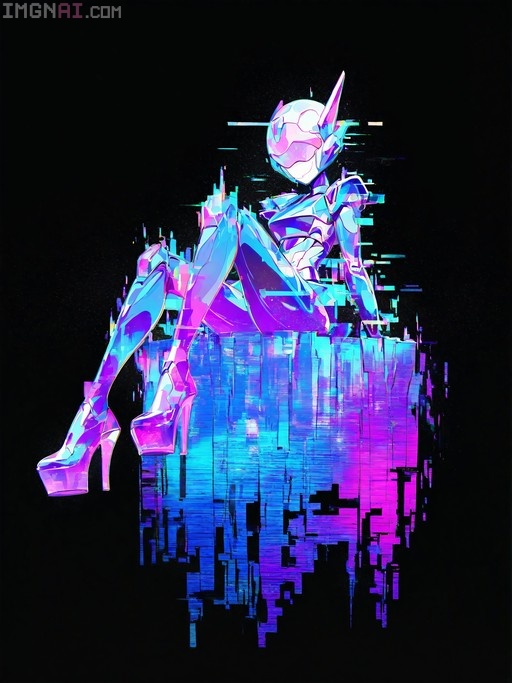 A full-body illustration of a female robot with a helmet and armor sitting on a glitchy block structure while wearing tall platform heels against a black background.