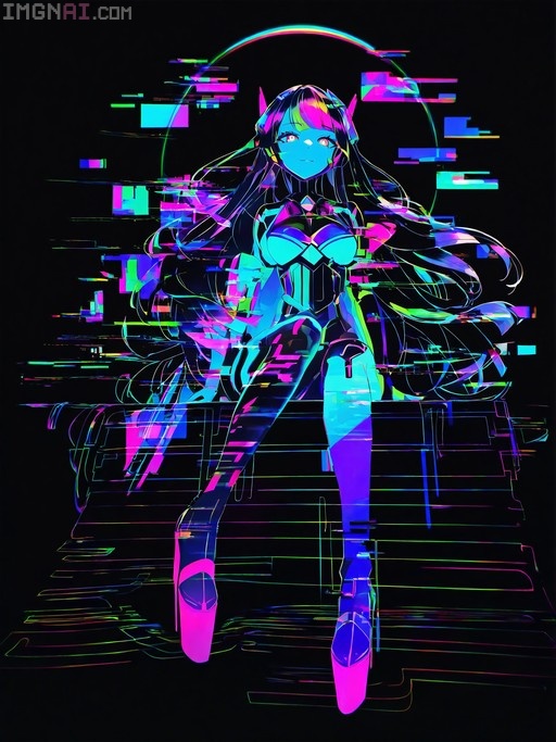 A blue-skinned android girl with long dark hair sits on stairs in a vibrant neon glitch art style, wearing platform heels and looking at the viewer.