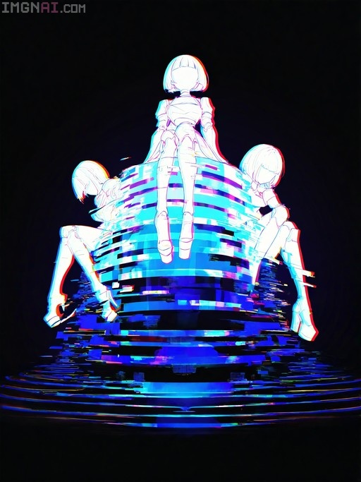 Three faceless robot girls with short hair sitting on a glowing blue glitchy pedestal wearing platform heels