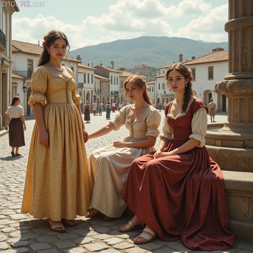 Three young women wearing long yellow, cream, and red period dresses pose together on a stone fountain edge in a sunlit European town square with mountains in the background.