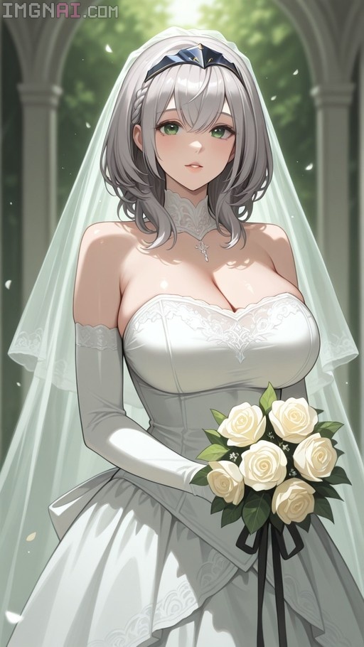 Shirogane Noel in a white wedding dress holding a bouquet of white roses.