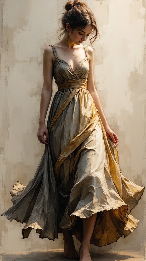 A barefoot woman in a long, flowing dress resembling gold and silver metal stands against a textured wall, holding the sides of her skirt while looking down.