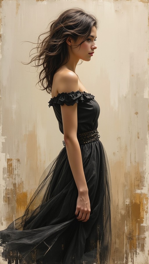 Realistic digital portrait of a young woman in profile wearing a black off-the-shoulder dress against a textured beige background.