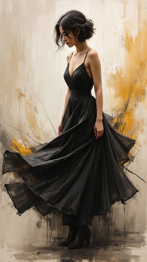 A woman in a black spaghetti-strap gown and heeled boots holds out the flowing fabric of her dress against an abstract textured wall.