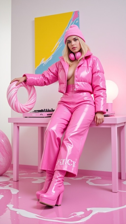 A blonde woman wearing a glossy pink puffer jacket, matching pants, and tall platform boots sits on a pink table while holding a large swirled donut prop next to a DJ mixer.