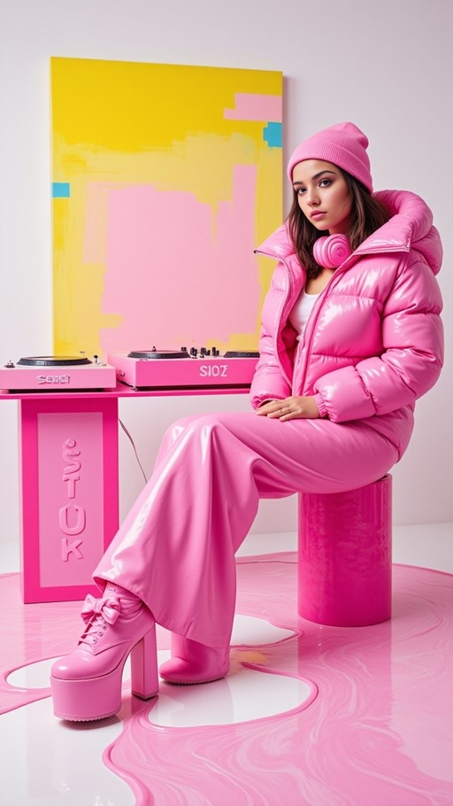A young woman in a shiny pink puffer jacket and matching pants sits on a pink stool next to a desk with pink DJ turntables, wearing platform boots and headphones around her neck.